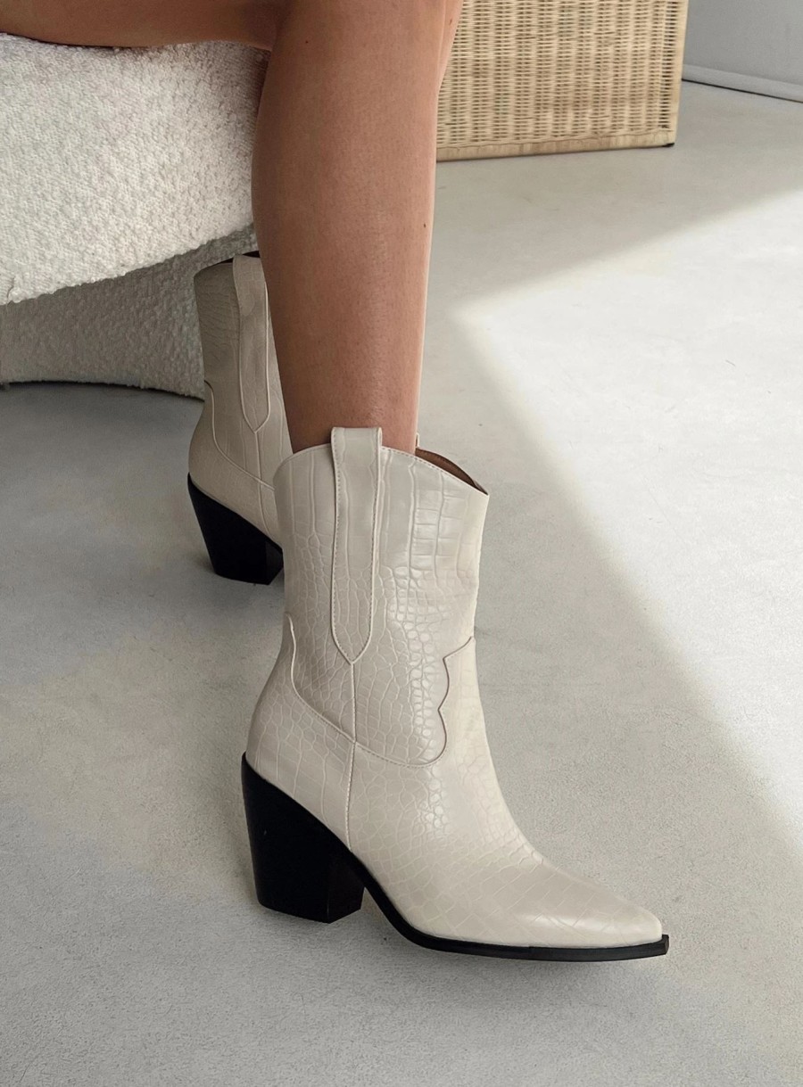 Shoes * | Princess Polly Jenny Croc Cowboy Boots Off White